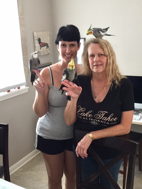 Pearl with his large featherless assistant and his friends Buddy and George and their large featherless assistant, Wendy.