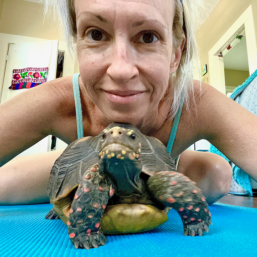 redfoot tortoise and owner